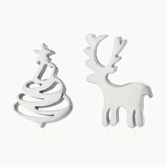 Tiny Reindeer and Christmas Tree Stainless Steel Stud Small Earrings #1144 - Picture 8 of 9